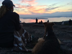 Watching the sunrise with Mommy.  On top of Cadillac Mountain you are the first to see the sunrise in North America.